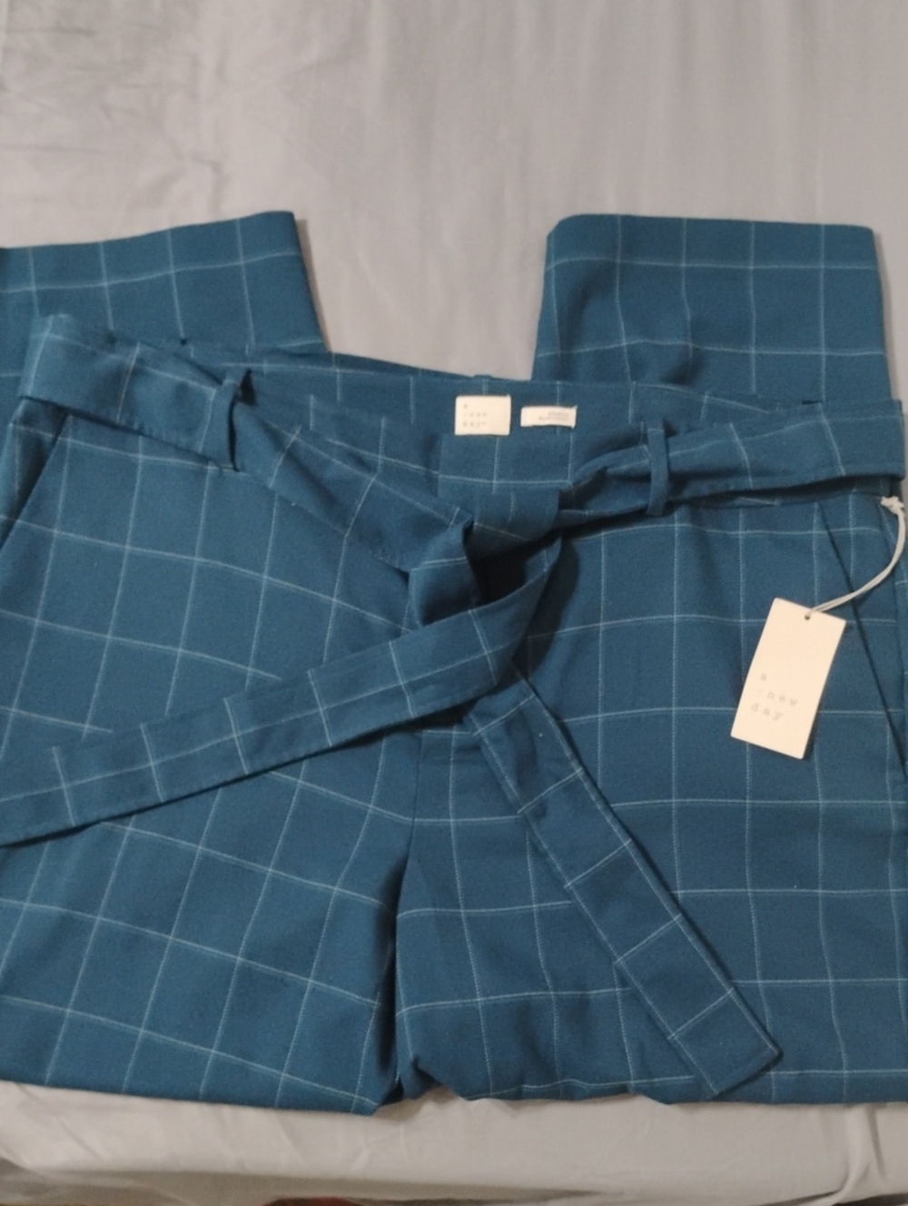 a new day Teal Windowpane Tie-Belt Capris